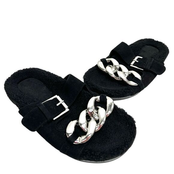 Marc Fisher Sandals Womens Size 6 Leather Black Fresno Shearling Sherpa Slides - Picture 1 of 10